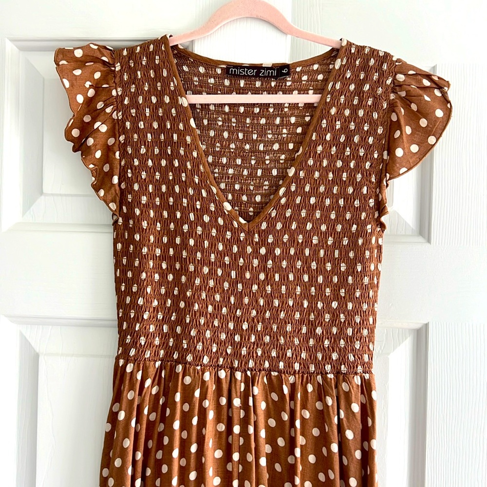 Mister Zimi Rust Brown Polka Dot Smocked V-Neck Maxi Dress